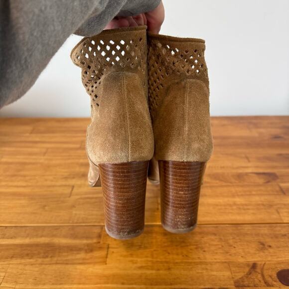 Diane Von Furstenburg DVF Camel Tan Suede Leather Perforated Heeled Boots 8 - Picture 3 of 7